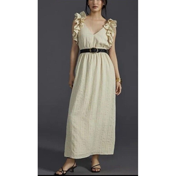 NWT Anthropologie Mare Mare Flutter-Sleeve Maxi Dress Ruffle XS Neutral New - Picture 1 of 9